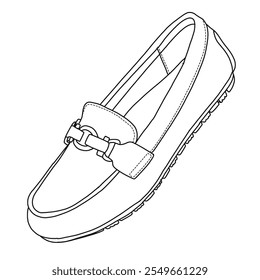 Mulheres Loafers Confortável e leve Slip On Flat Shoes Line arte, esboço técnico mão desenho contorno vetor doodle lado 3D isométrica vista isolada no fundo branco para colorir página