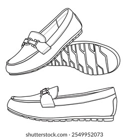 Mulheres Loafers Confortável e leve Slip On Flat Shoes Line arte, esboço técnico mão desenho contorno vetor doodle vários vista isolada no fundo branco para colorir página