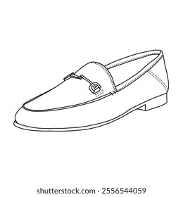 Women's Loafers Flat Slip On Shoes Line art, Technical sketch hand drawing outline vector doodle 3D Side Isometric view isolated on white background for coloring page