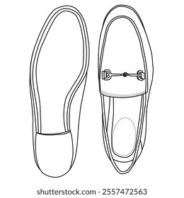 Women's Loafers Flat Slip On Shoes Line art, Technical sketch hand drawing outline vector doodle top and bottom view isolated on white background for coloring page
