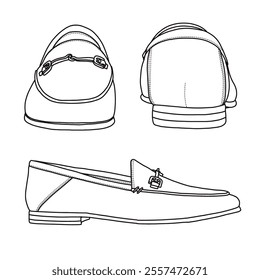 Women's Loafers Flat Slip On Shoes Line art, Technical sketch hand drawing outline vector doodle various view isolated on white background for coloring page