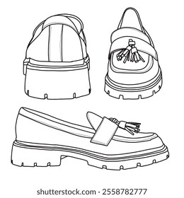 Women's Loafers Hollow Out Slip On Chunky Platform Work Travel Shoes Line art, Technical sketch hand drawing outline vector doodle various view isolated on white background for coloring page