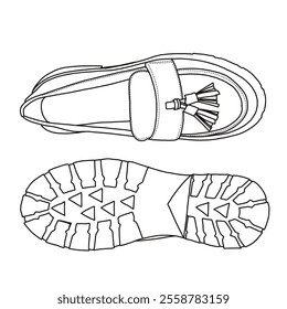 Women's Loafers Hollow Out Slip On Chunky Platform Work Travel Shoes Line art, Technical sketch hand drawing outline vector doodle top and bottom view isolated on white background for coloring page