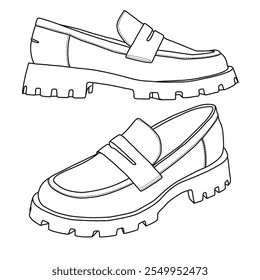 Mulheres Loafers Lug Sole Slip On Platform Slip On Casual Shoes Line art, esboço técnico mão desenho contorno vetor doodle lado isométrico 3D vista isolada no fundo branco para colorir página