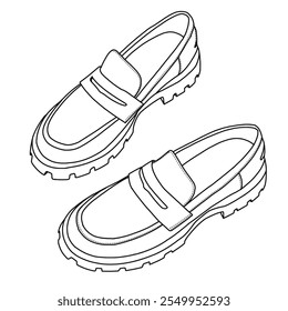 Mulheres Loafers Lug Sole Slip On Platform Slip On Casual Shoes Line art, esboço técnico mão desenho contorno vetor doodle top isométrica 3D vista isolada no fundo branco para colorir página