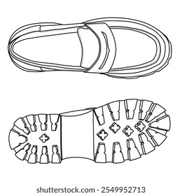 Mulheres Loafers Lug Sole Slip On Platform Slip On Casual Shoes Line arte, esboço técnico mão desenho contorno vetor doodle vista superior e inferior isolado no fundo branco para coloração página