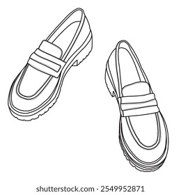 Mulheres Loafers Lug Sole Slip On Platform Slip On Casual Shoes Line art, esboço técnico mão desenho contorno vetor doodle top view isolado no fundo branco para colorir página