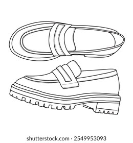 Mulheres Loafers Lug Sole Slip On Platform Slip On Casual Shoes Line arte, esboço técnico mão desenho contorno vetor doodle lado e vista superior isolado no fundo branco para coloração página