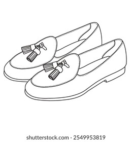 Women's Loafers Shoes Casual Line art, Technical sketch hand drawing outline vector doodle side isometric 3D view isolated on white background for coloring page