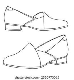 Mulheres Loafers e Slip On Casual Shoes Line arte, esboço técnico mão desenho contorno vetor doodle lado isométrico 3D vista isolada no fundo branco para colorir página