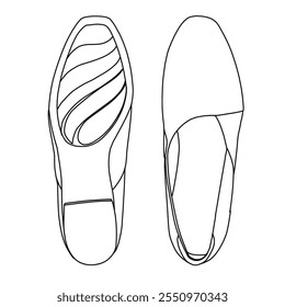 Mulheres Loafers e Slip On Casual Shoes Line arte, esboço técnico mão desenho contorno vetor doodle vista superior e inferior isolado no fundo branco para colorir página