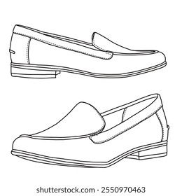 Mulheres Loafers Slip On Casual Shoes Line arte, esboço técnico mão desenho contorno vetor doodle lado isométrico 3D vista isolada no fundo branco para colorir página