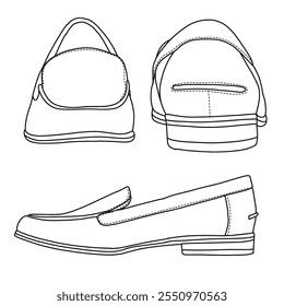 Mulheres Loafers Slip On Casual Shoes Line arte, esboço técnico mão desenho contorno vetor doodle vários vista isolada no fundo branco para colorir página