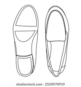 Mulheres Loafers Slip On Casual Shoes Line arte, esboço técnico mão desenho contorno vetor doodle vista superior e inferior isolado no fundo branco para colorir página