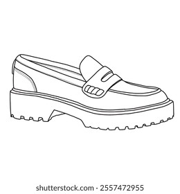 Women's Loafers Slip On Shoes Line art, Technical sketch hand drawing outline vector doodle side view isolated on white background for coloring page
