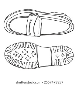 Women's Loafers Slip On Shoes Line art, Technical sketch hand drawing outline vector doodle top and bottom view isolated on white background for coloring page