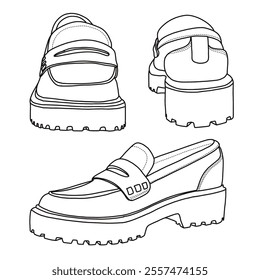 Women's Loafers Slip On Shoes Line art, Technical sketch hand drawing outline vector doodle various view isolated on white background for coloring page