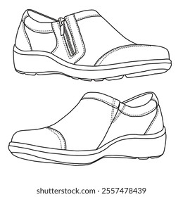 Women's Loafers Slip On with zipper Shoes Line art, Technical sketch hand drawing outline vector doodle side view isolated on white background for coloring page