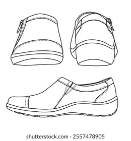 Women's Loafers Slip On with zipper Shoes Line art, Technical sketch hand drawing outline vector doodle various view isolated on white background for coloring page