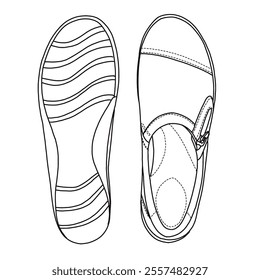 Women's Loafers Slip On with zipper Shoes Line art, Technical sketch hand drawing outline vector doodle top and bottom view isolated on white background for coloring page