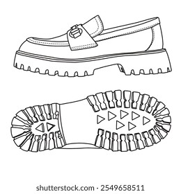 Mulheres Loafers, Plataforma Slip-On Salto robusto Sapatos Line arte, Esboço técnico mão desenho contorno vetor doodle lado e vista inferior isolado no fundo branco para coloração página