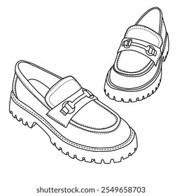 Mulheres Loafers, Plataforma Slip-On Salto robusto Sapatos Line art, Esboço técnico mão desenho contorno vetor doodle top isométrica 3D vista isolada no fundo branco para colorir página