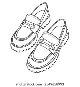 Mulheres Loafers, Plataforma Slip-On Salto robusto Sapatos Line art, Esboço técnico mão desenho contorno vetor doodle top isométrica 3D vista isolada no fundo branco para colorir página