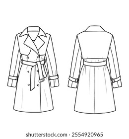 Women's long double-breasted trench coat with belt. Outerwear jackets technical fashion illustration. Flat coat template front and back view.