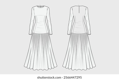 Womens long dress front and back flat sketch 