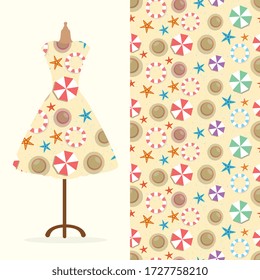 Womens long dress mock up with bright seamless hand drawn pattern for textile, paper print. vector illustration