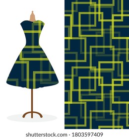Womens long dress mock up with bright seamless hand drawn pattern for textile, paper print. 
