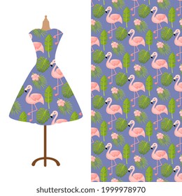 Womens long dress mock up with bright seamless hand drawn pattern for textile, paper print. 