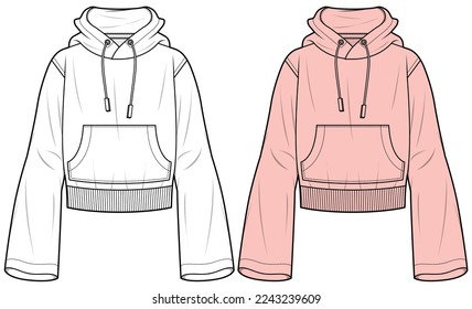 womens long flared sleeve crop hoodie top with kangaroo pocket flat sketch vector illustration technical cad drawing template