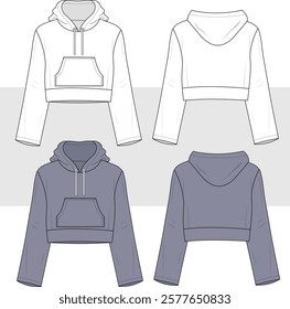 women's long flared sleeve crop hoodie top with kangaroo pocket flat sketch vector illustration technical cad drawing template, mockup.