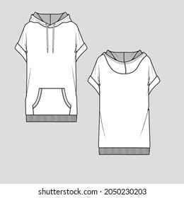 Womens Long hoodie sweatshirt Dress roll up sleeve fashion flat sketch technical drawing template design vector