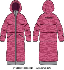 Womens Long line Quilted Puffer Hoodie Camouflage jacket design flat sketch Illustration, puffa Padded Hooded jacket with front and back view, Soft shell winter jacket