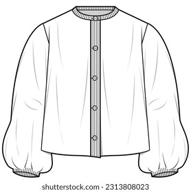 botón de manga larga de puff para las mujeres arriba blusa de camisa incolora dibujo plano ilustración vectorial plantilla técnica de dibujo de cad