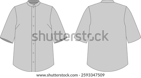 Women's Long Puff Sleeve Stand Collar Shirt Formal Wear Technical Drawing Fashion Flat Sketch Front and Back View. Vector illustration, template. CAD layout.
