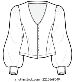 womens long puff sleeve v neck button front blouse top fashion flat sketch vector illustration