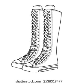 Women's Long Rivet Knee High Canvas Boots Punk Style Shoes Line art, Technical sketch hand drawing outline vector doodle illustration side 3D Isometric view isolated on white background