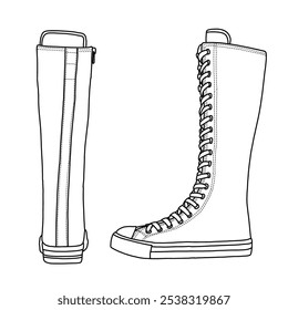 Women's Long Rivet Knee High Canvas Boots Punk Style Shoes Line art, Technical sketch hand drawing outline vector doodle illustration rear and side view isolated on white background