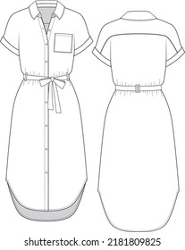 Women's Long Shirt Dress With Tie Belt And Collar Fashion Technical Flat CAD Illustration Vector