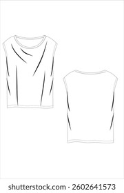 
women's long short sleeve blouse fashion model, CAD, V-neck blouse technical drawing, template, plain, sketch. Collar and bow woven fabric, front back view short sleeves, top lace-up and wide long