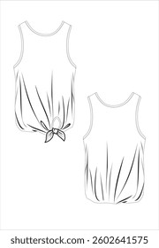 
women's long short sleeve blouse fashion model, CAD, V-neck blouse technical drawing, template, plain, sketch. Collar and bow woven fabric, front back view short sleeves, top lace-up and wide long