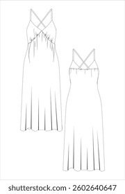 women's long short sleeve dress fashion model, CAD, V-neck blouse technical drawing, template, plain, sketch. Collar and bow woven fabric, front back view short sleeves, top lace-up and wide long