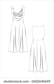 women's long short sleeve dress fashion model, CAD, V-neck blouse technical drawing, template, plain, sketch. Collar and bow woven fabric, front back view short sleeves, top lace-up and wide long