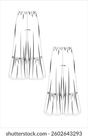 
women's long short sleeves spandex pants fashion model, CAD, V-neck blouse technical drawing, template, plain, sketch. Collar and bow woven fabric, front back view short sleeves, top lace-up and wide