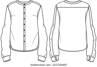 womens long sleeve band collar shirt blouse flat sketch vector illustration. ladies formal wear shirt blouse front and back view technical cad drawing template.