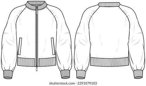 chaqueta del bombardero de manga larga de las mujeres dibujo plano ilustración vectorial frente y retrovisor plantilla de dibujo de cad técnico