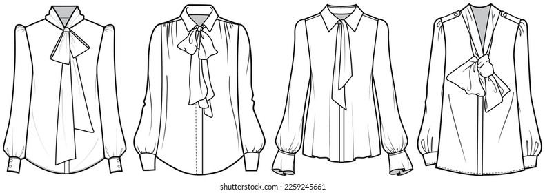 imagen vectorial de la blusa del arco de manga larga para mujeres modelo de dibujo de cad técnico